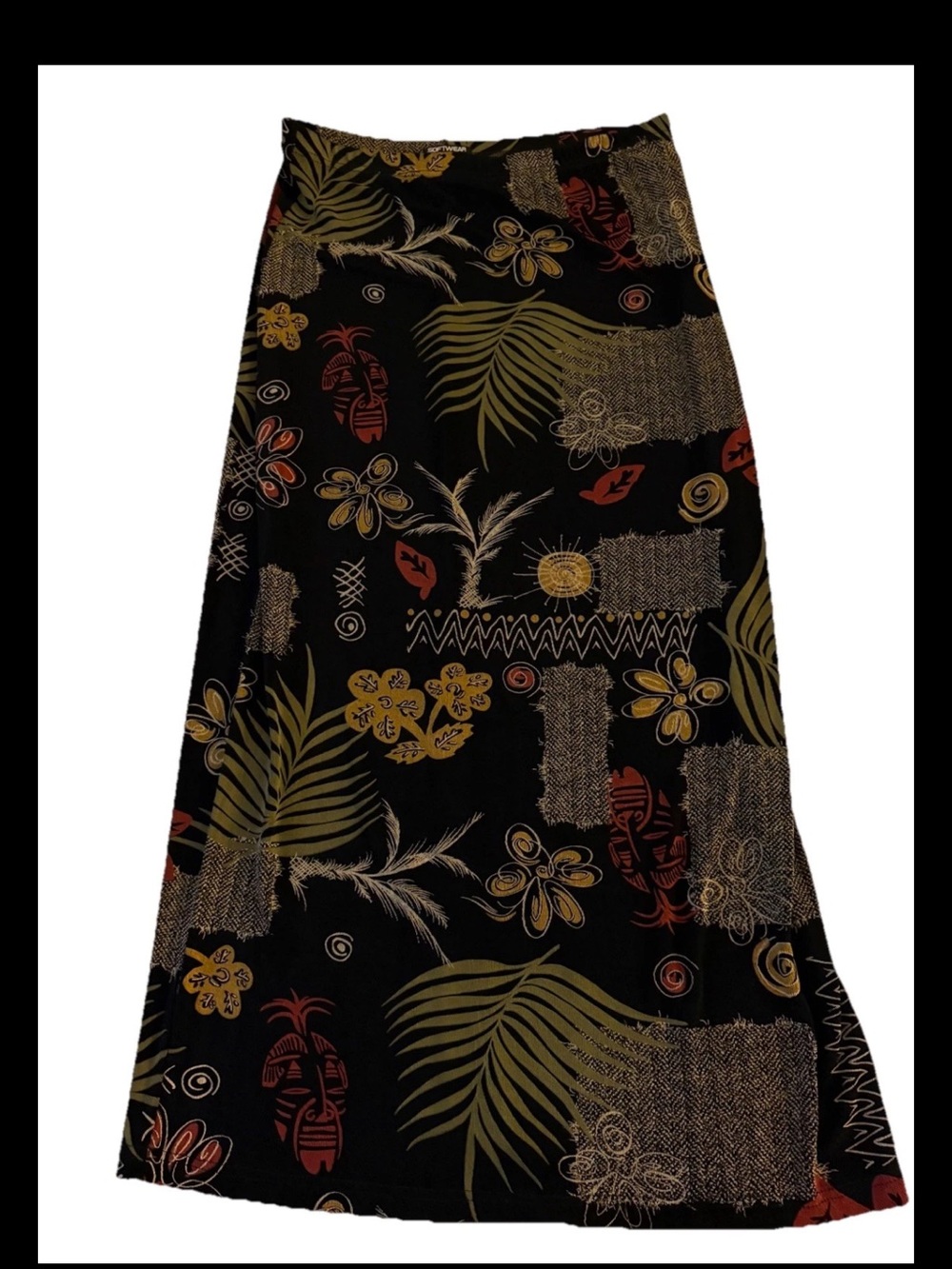 Black Tropical Print A-Line Maxi Skirt made in USA